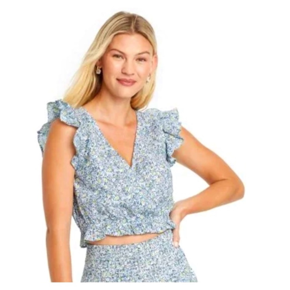 Women's Flutter Sleeveless Cropped Wrap Top - Universal Thread™ Blue Floral M